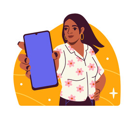Poster - person showing blank smartphone. woman holding mobile phone with empty screen. device mockup with co