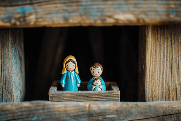 Close up image of a Nativity scene with Mary, Joseph and Baby Jesus. Generated with AI.