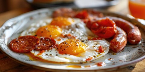 Poster - Authentic Spanish culinary delight Chorizo sausages and fried eggs with tomato paste beautifully presented on a plate in a cozy cafe