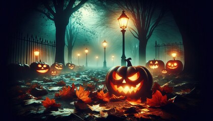 Halloween pumpkin and candles in a dark, foggy cemetery at night. Halloween background with halloween lanterns and a scary jack o'lantern