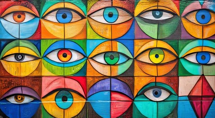 In this street art mural graffiti, an attractive woman with large eyes is surrounded by geometric patterns and vibrant colors.