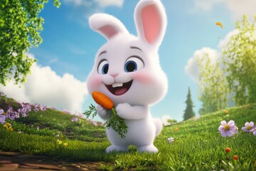 An adorable animated rabbit holding a carrot against a vibrant natural background. Perfect for children's content, animation, and spring themes.