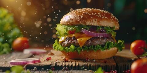 Sticker - Sesame Seed Cheeseburger with Melted Cheese Lettuce Tomato and Onion on a Wooden Table