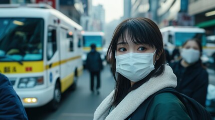 Fototapete - Medical professionals and civilians navigate crowded streets filled with ambulances, prioritizing health and safety during a crisis. Generative AI