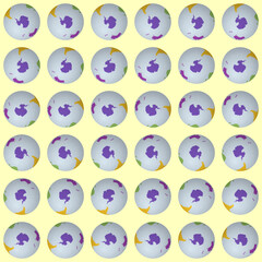 Poster - Collection of earth globes. South pole sphere view. Rotation step 10 degrees. Colored continents style. World map with graticule lines on warm background. Artistic vector illustration.
