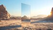 © Loki Studio - Single large reflective mirror standing in a vast desert with distant mountains during sunset
