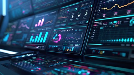 Wall Mural - Modern big data analysis center showing charts and statistics on multiple screens