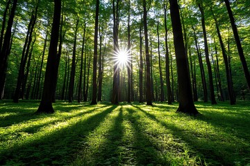 Poster - Hunting Forest with sunlight filtering through the branches, illustrated with golden light creating dappled patterns on the forest floor, adding warmth to the scene
