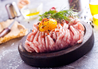 Canvas Print - Raw minced chicken fillet, uncooked meat over board