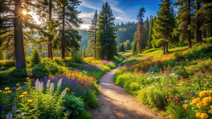 Winding dirt pathway surrounded by lush greenery, vibrant wildflowers, and towering trees, leading to a serene and tranquil forest clearing on a sunny day.