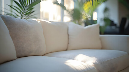 Wall Mural - Modern White Sofa with Sunbeams and Green Plants