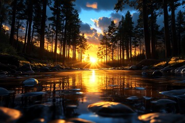 Poster - Hunting Forest with the quiet of dawn, depicted in an artwork where the first light of day brings a soft, golden hue to the forest, while the world still sleeps