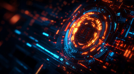 Abstract digital interface with glowing orange and blue elements, futuristic technology concept.