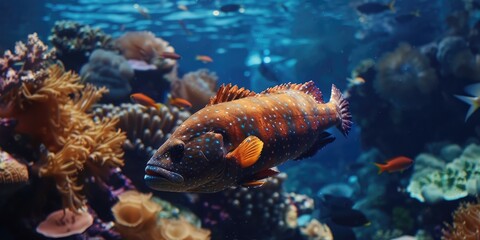 Canvas Print - Tiger Grouper swimming over coral from a side view