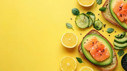 Aufkleber - Enjoy a nutritious breakfast featuring avocado toast topped with salmon and vibrant citrus fruits arranged beautifully. Generative AI