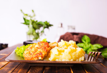 Canvas Print - chicken cutlet from minced meat with mashed potato