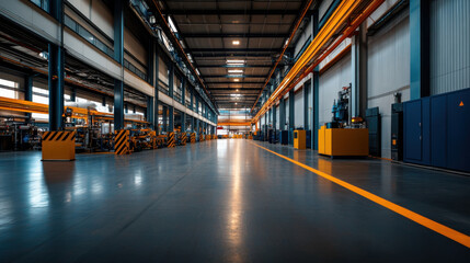 Wall Mural - Spacious modern factory interior with industrial equipment, featuring clean floors, high ceilings, and organized production lines.