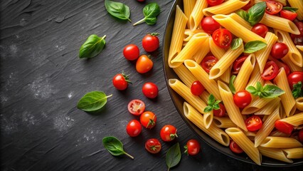 Macro photography of Penne pasta with tomatoes, vegetables, and basil on a dark background in a beautiful plate , pasta