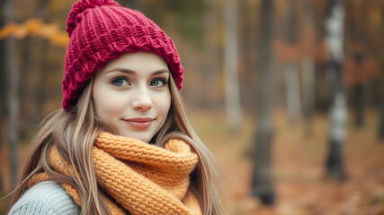 Young woman with knitted hat and scarf in autumn forest in background. Generative AI