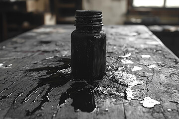 Canvas Print - Lines of spilled ink across a desk, representing an accidental mess during writing or drawing. Concept of creative processes and office disarray.