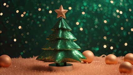 a green christmas tree decorated with christmas balls and a star rotates on a green background with 