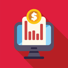 Poster - computer displaying growing statistics on a financial report, with a big golden dollar coin over it