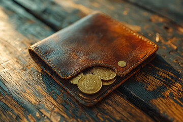 Poster - An empty wallet with a few coins scattered inside, symbolizing a lack of funds and financial instability. Concept of poverty and economic hardship.