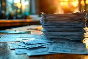 Poster - A stack of unpaid bills and overdue notices spread across a table, highlighting financial stress and management challenges. Concept of debt and financial strain.