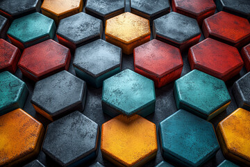 Poster - A hexagonal tiling pattern with varying colors, highlighting the tiling ability of hexagons to cover a plane without gaps. Concept of hexagonal tiling and tessellation.