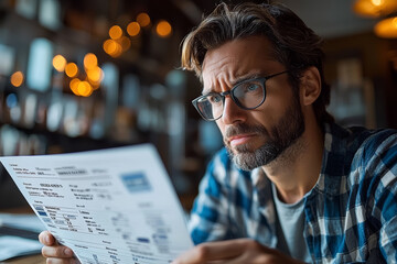 Poster - A close-up of a worried individual examining a credit score report with low ratings, reflecting creditworthiness issues. Concept of credit scores and financial health.