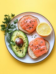 Aufkleber - A delicious breakfast spread featuring creamy avocado toast topped with salmon, accompanied by fresh citrus on a bright yellow surface. Generative AI