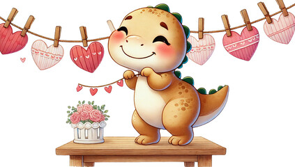 baby T-Rex standing on tiptoes, hanging a heart garland along the edge of a table with a happy smile.