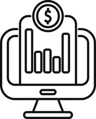 Poster - Line art vector icon of a computer screen displaying a financial chart, with a dollar coin icon hovering above, representing online trading and investment