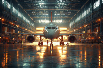 Poster - an aerospace facility with aircraft being assembled and tested, illustrating the aviation industry a