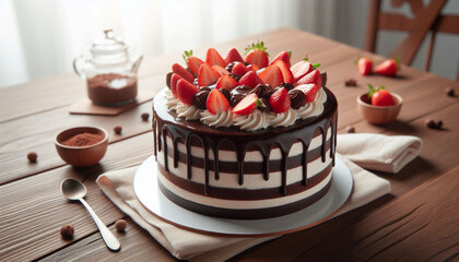 Freshly baked chocolate strawberry cake on white plate