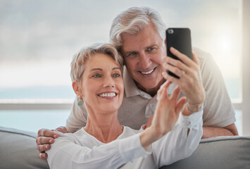 Poster - Selfie, happy and mature couple on sofa for social media post, memory and profile picture. Retirement, marriage and senior man and woman on video call for bonding, love and online in living room