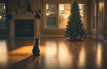 Poster - A cat sits in the center of an empty room in front of a Christmas tree and a fireplace, illuminated by warm light from outside through large windows