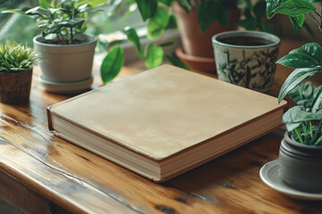 Poster - A plain, beige notebook with an unmarked cover resting on a desk, emphasizing simplicity in productivity tools. Concept of minimal office supplies and clean design.