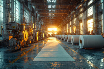 Poster - a paper mill with large rolls of paper and pulping machinery, showing the production of paper produc