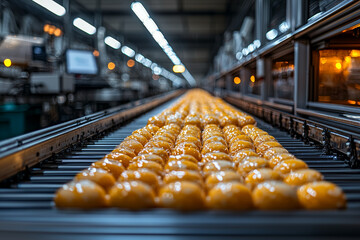Poster - A food processing plant with conveyor belts and packaging machinery, highlighting the mass production of food products. Concept of food industry and manufacturing efficiency.