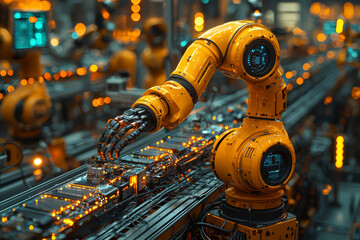 Poster - a factory assembly line with robots assembling electronic devices, showcasing automation and manufac
