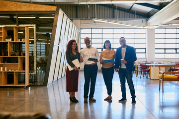 Aufkleber - Business people, teamwork and portrait in startup for about us, research or planning together. Creative agency, confident or happy interior designers with smile or media company project in workplace