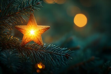 Wall Mural - A single golden star ornament glows on an evergreen branch, symbolizing Christmas hope.