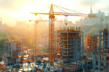 Poster - a construction site with cranes and building materials, depicting the industrial scale of civil engi