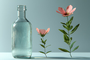 Wall Mural - A clear glass bottle with a small, fresh flower inside, set against a plain background, illustrating the charm of minimal decor. Concept of subtle elegance and simple beauty.