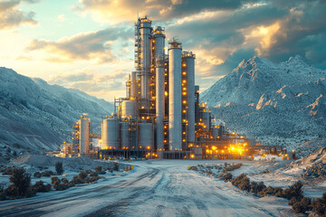 Poster - A cement plant with kilns and grinding mills, highlighting the production of construction materials. Concept of cement manufacturing and infrastructure development.