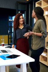 Poster - Business people, laptop and discussion in office for teamwork, research and planning project together. Startup, technology and creative women with small company partnership in workplace for media