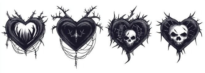 A retro look Y2K 2000's cute emo goth heart stickers and tattoo art elements. Vintage black gloomy set heart. Gothic concept of creepy love. modern illustration.