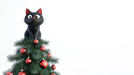 Wall Mural - A playful black cat sitting atop a decorated Christmas tree during the holiday season in a bright indoor space