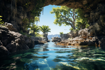 Poster - A hidden grotto with sparkling waters. Concept of secret paradise. Generative Ai.